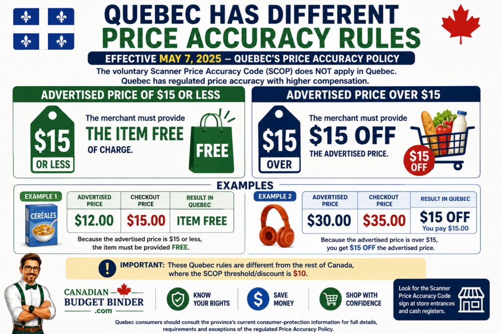 Quebec Price Accuracy Policy $15 free item and discount rules