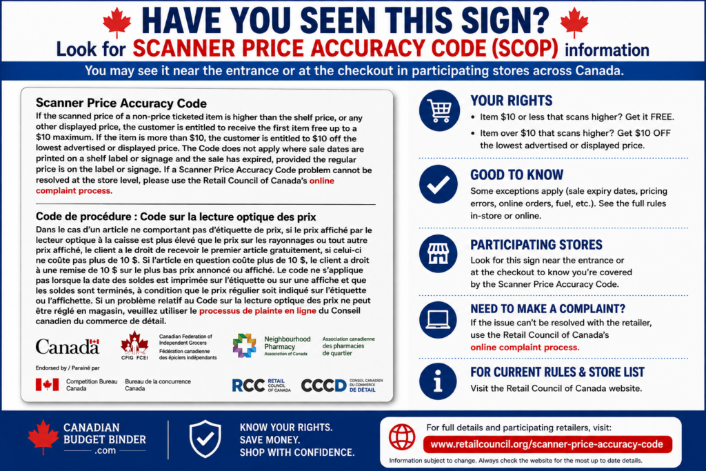 Scanner Price Accuracy Code information displayed at participating Canadian stores