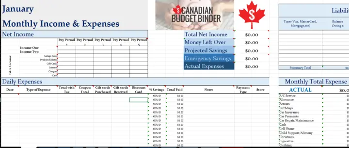 Canadian Budget Binder Excel Budget Spreadsheet.