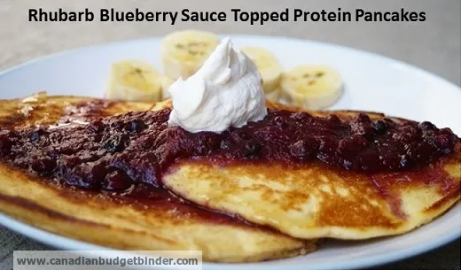 rhubarb blueberry sauce protein pancakes