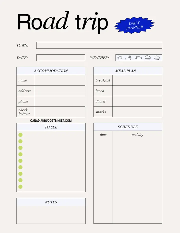 Road Trip Daily Planner-Canadian Budget Binder
