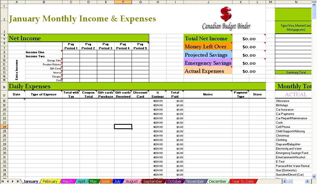 Canadian Budget Binder Budget Spreadsheet