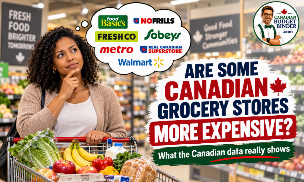 Shopper in a grocery store thinking about Canadian grocery chains with text asking whether some Canadian grocery stores are more expensive.