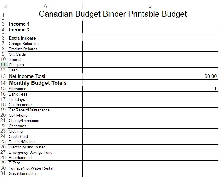 canadian budget binder basic budget snap shot