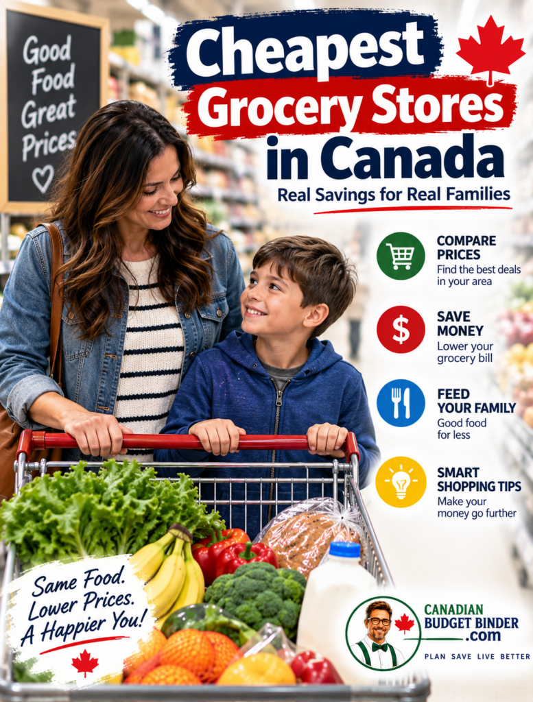 Mother and son grocery shopping in Canada