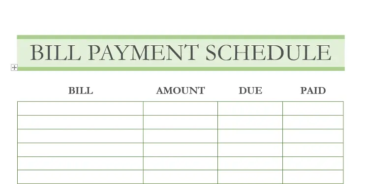 Bill Payment Schedule Printable