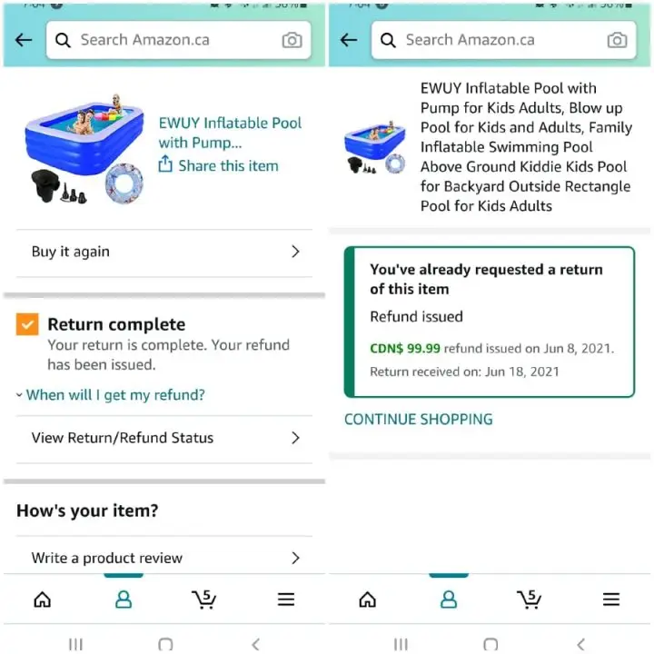 Amazon return for inflatable pool to get money back as it had holes in it.