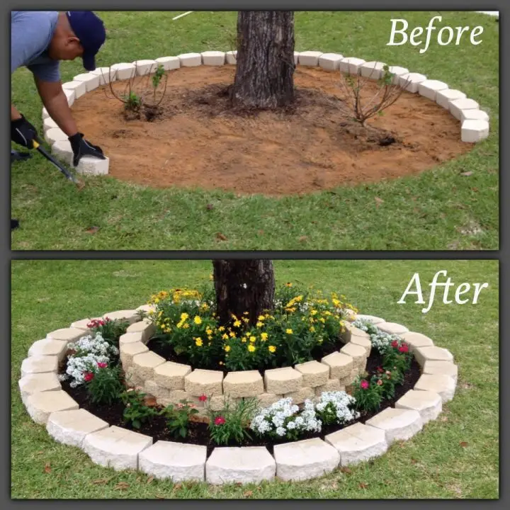 DIY landscaping under a tree with rocks and flowers.