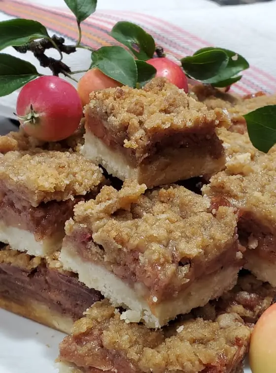 Stacked homemade crab apple pie bars with oat crumble topping