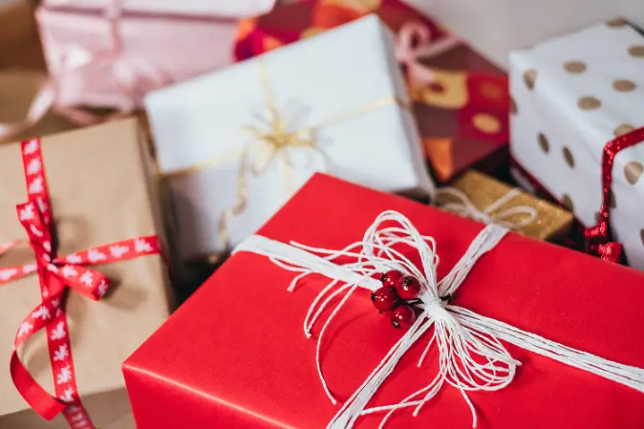 Beautifully Wrapped Christmas Presents after buying them at After Christmas Sales.