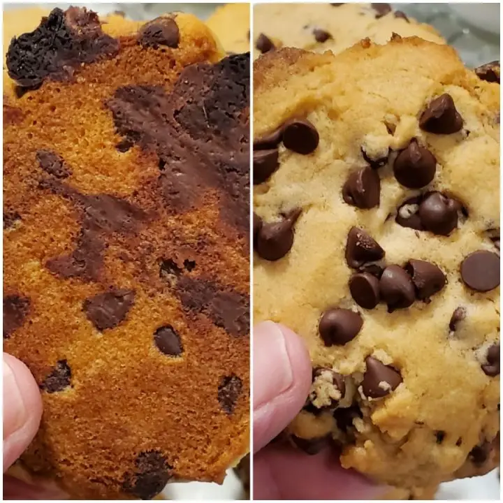 Homemade chocolate chip cookies baked for 10 minutes too dark
