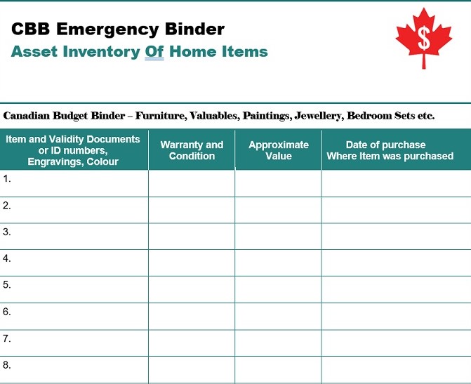 Asset Inventory of Home Items for your emergency binder.