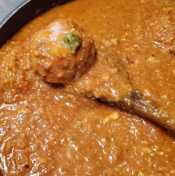 This is a keto meatball in a keto-friendly Italian Tomato Sauce
