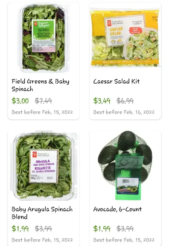 Flashfood App Savings on produce products at a local grocery store. Up to 50% off.