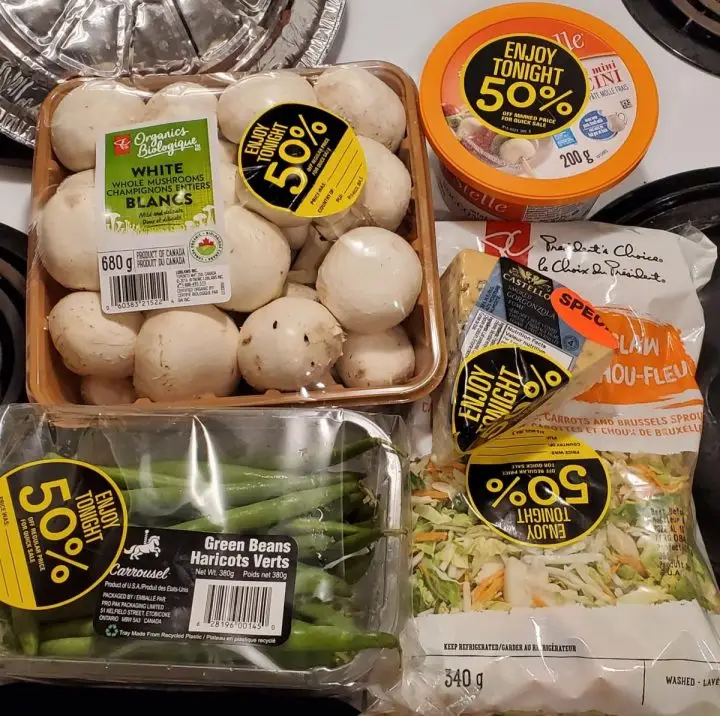 Our 50% off Grocery Shop At Zehrs On Saturday Night mushrooms, beans, coleslaw, and cheese balls.