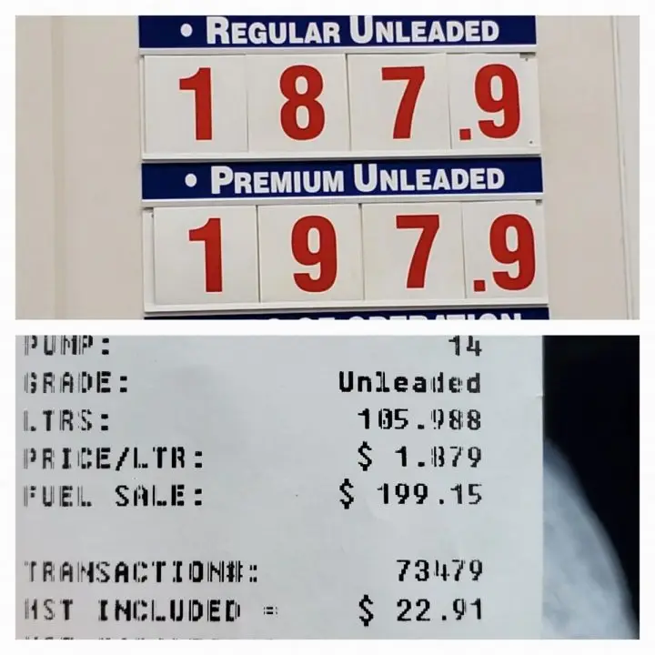 Today at Costco I put 71 litres in my truck and 20L in my gas can. Truck holds 100L. Near $200!