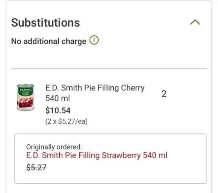 Strawberry pie filling substituted for cherry pie filling by Walmart