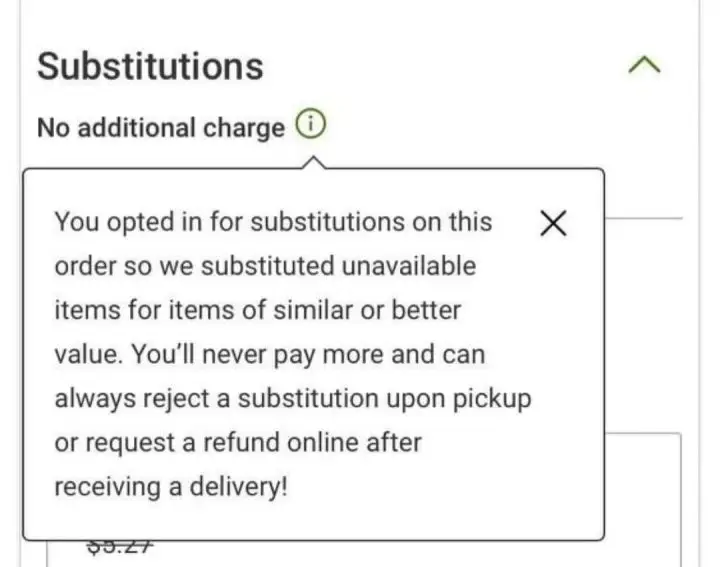 Walmart confirmation of a product substitution for pie filling.