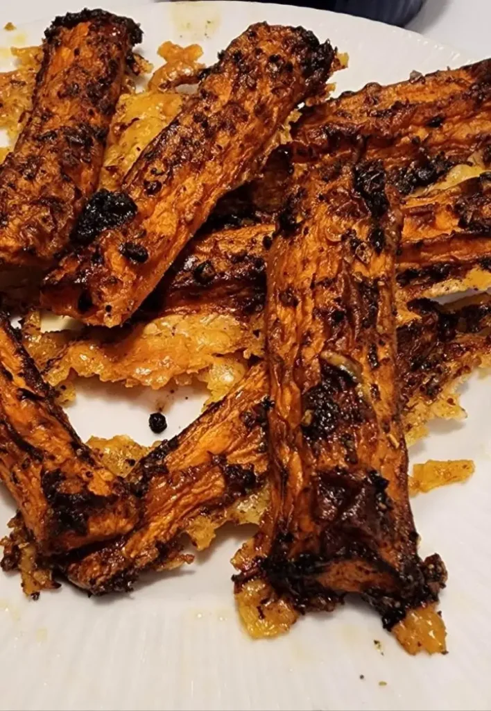 Crispy Parmesan Crusted Air Fryer Carrots with Club House Wild Whiskey Smoked BBQ Seasoning.