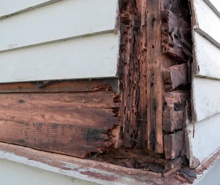 Water Damage and Wood Rot On House From Gutters Leaking