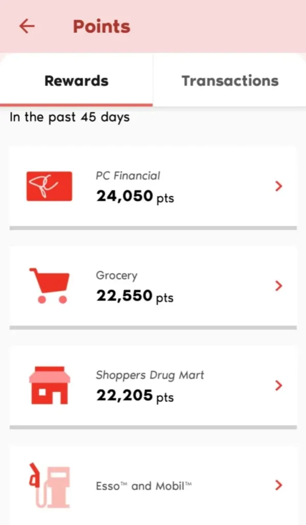 PC Optimum Last 45 Days