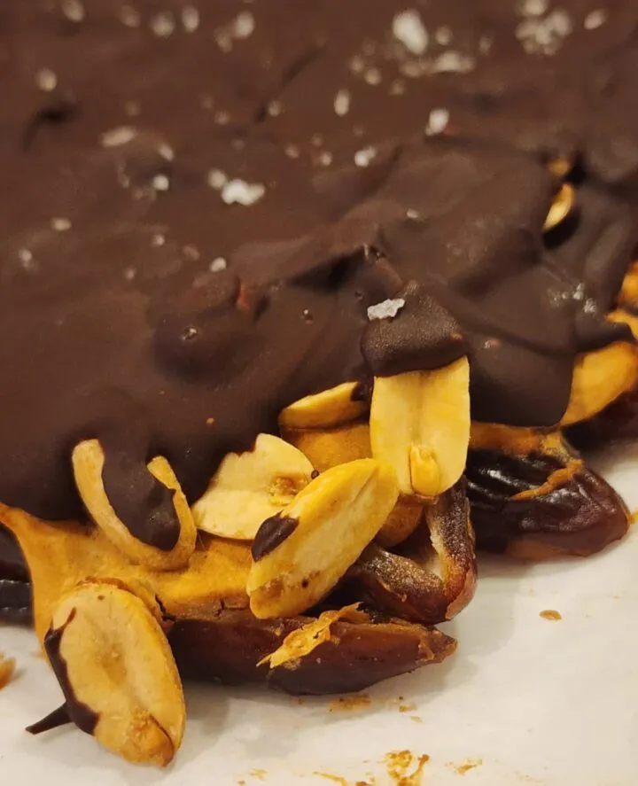 Close up of sugar free date peanut butter chocolate bark