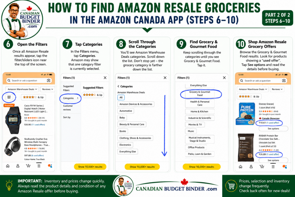 Steps 6 to 10 showing how to filter Amazon Resale for Grocery and Gourmet Food