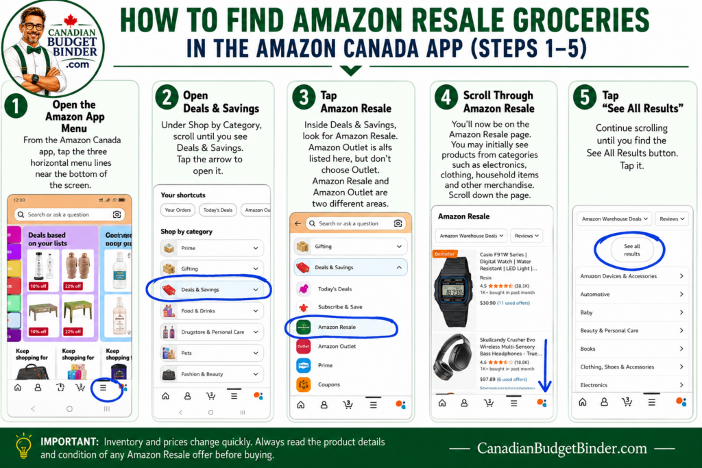 Steps 1 to 5 for finding Amazon Resale grocery deals in the Amazon Canada app