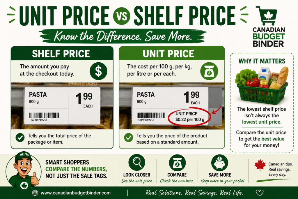 Comparison of shelf price and unit price on a Canadian grocery shelf tag.