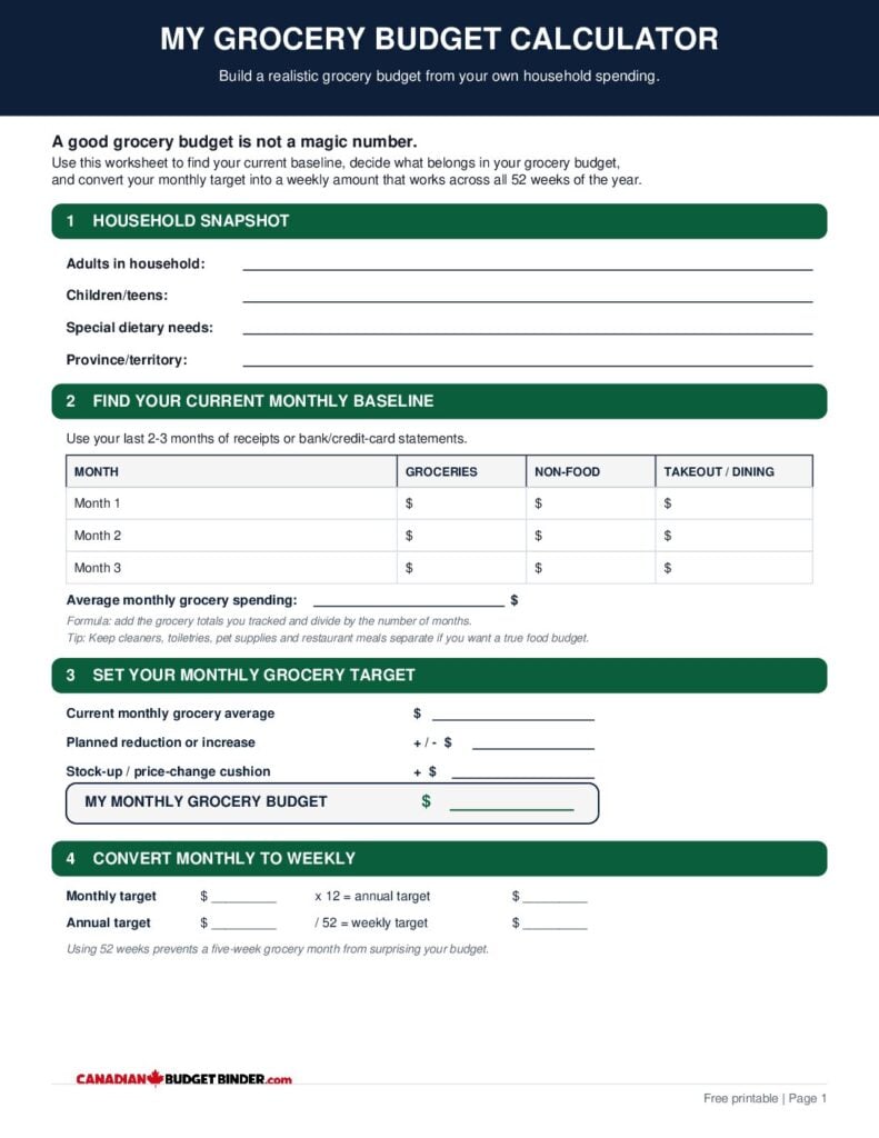 Preview of the free CBB Grocery Budget Calculator printable