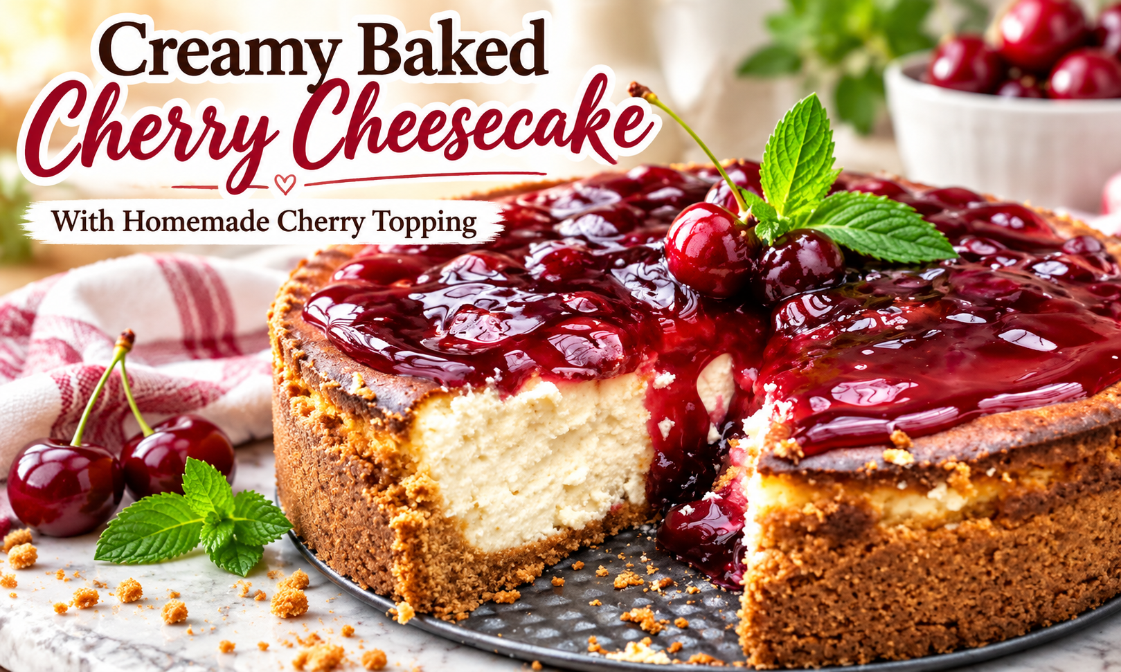 Creamy baked cherry cheesecake with homemade cherry topping