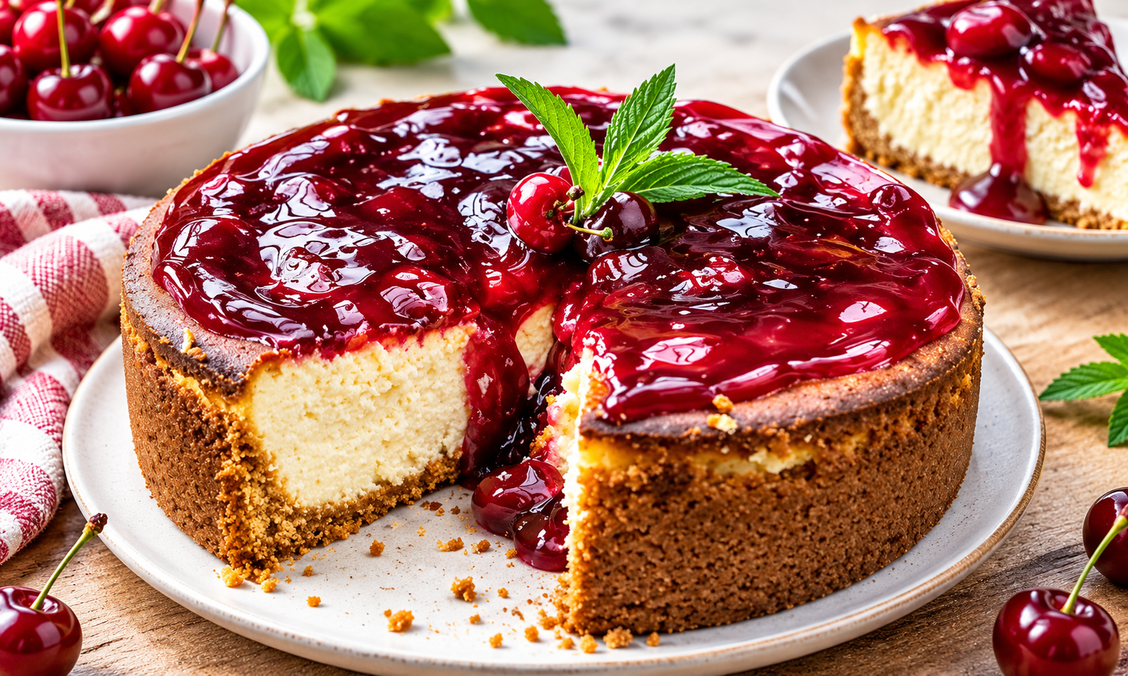 Slice removed from creamy cherry cheesecake showing the thick filling and graham cracker crust