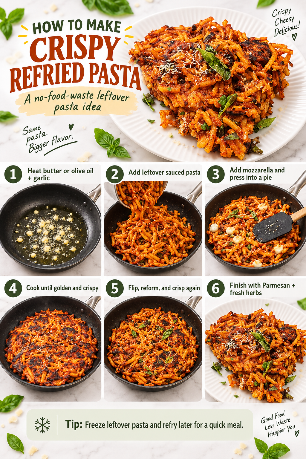 How to make crispy leftover pasta pie step by step in a frying pan