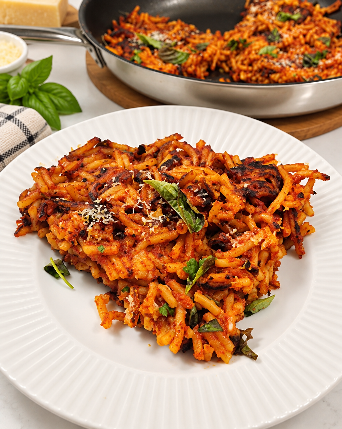 Crispy leftover pasta pie cut into wedges with tomato sauce, basil and Parmigiano-Reggiano