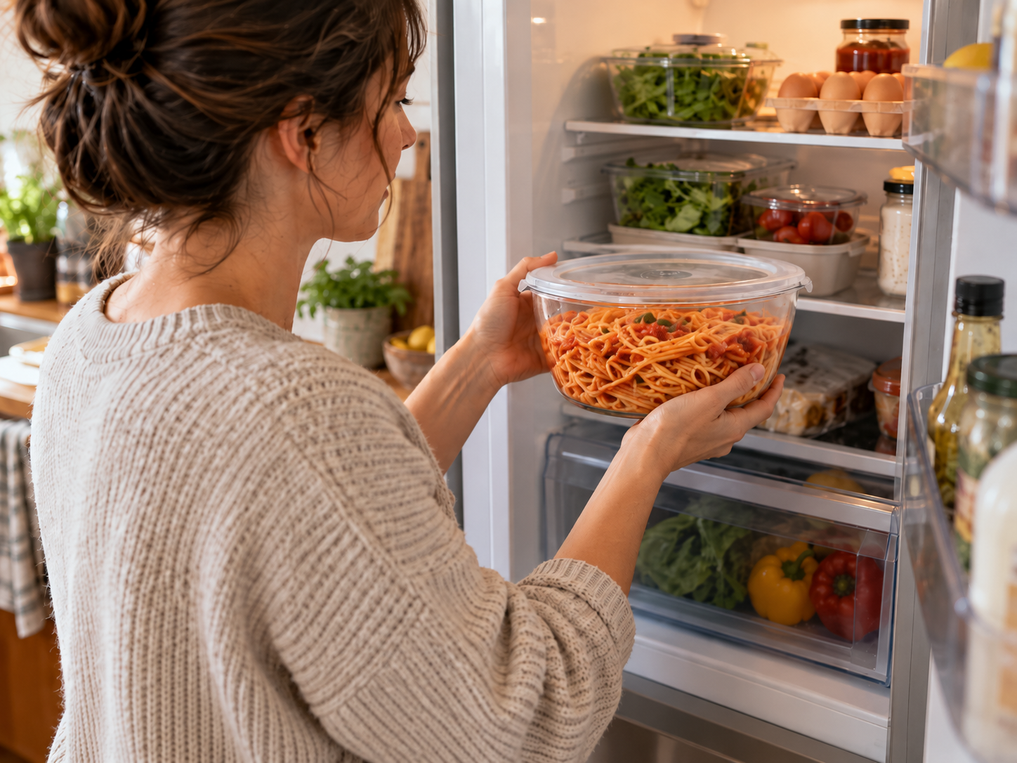 Container of leftover spaghetti with tomato sauce being taken from the refrigerator