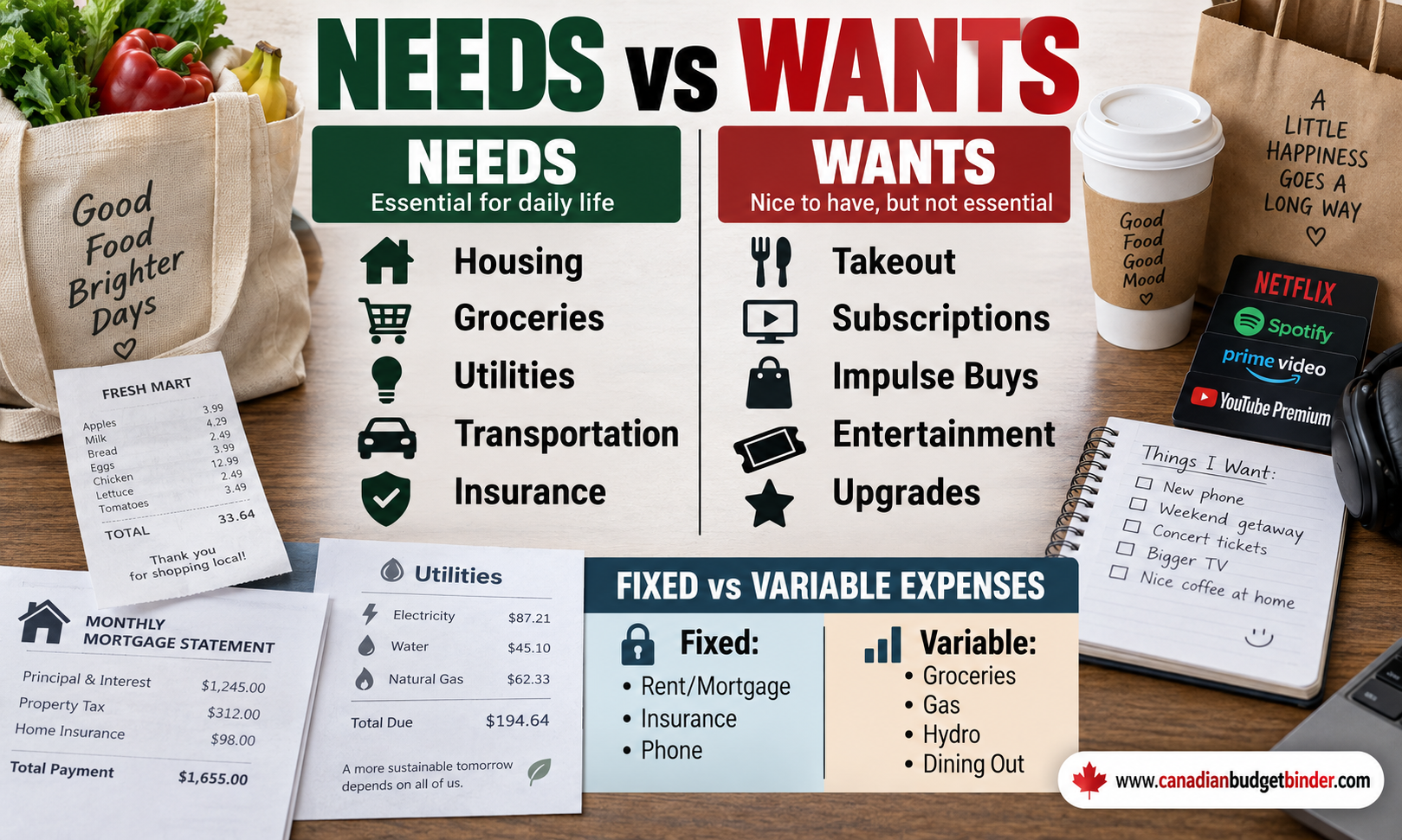 Needs versus wants and fixed versus variable expenses when creating a budget