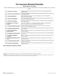 Car Insurance Renewal Checklist Printable preview