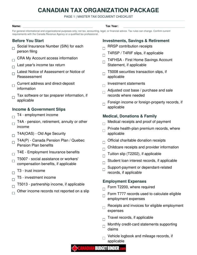 Preview of the free CBB Canadian Tax Organization Package printable