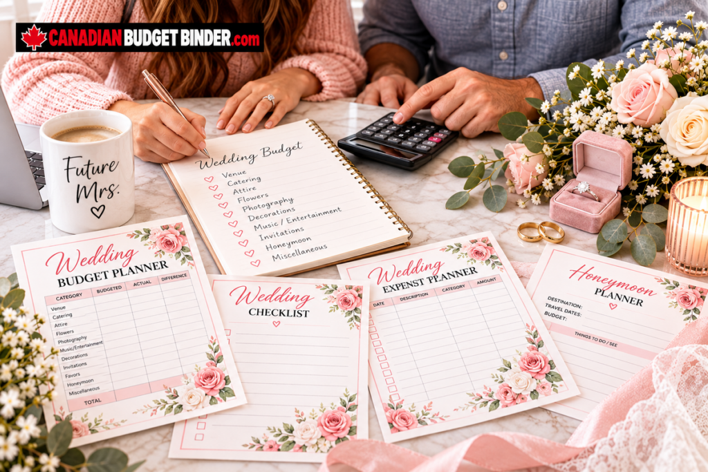 Couple planning wedding expenses with a calculator and wedding budget printables