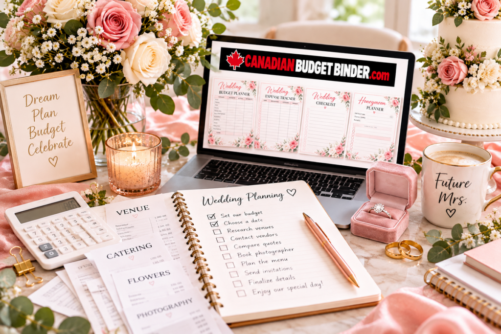 Wedding planning workspace with checklist, vendor quotes, calculator and wedding budget printables
