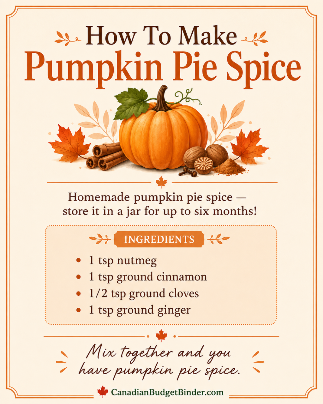 Homemade pumpkin pie spice recipe with cinnamon, nutmeg, cloves and ginger