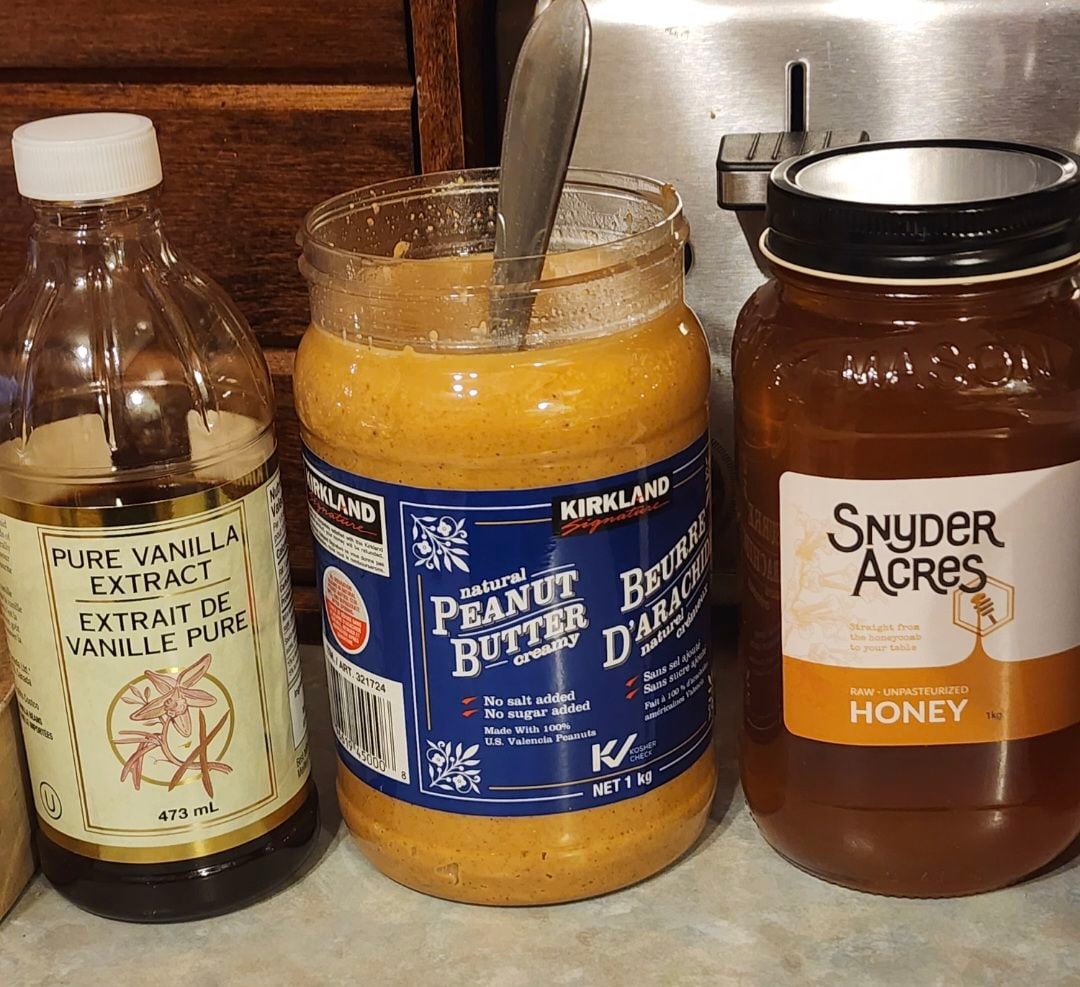 Kirkland natural peanut butter, Snider Acres honey and vanilla extract used for peanut butter oatmeal cookies