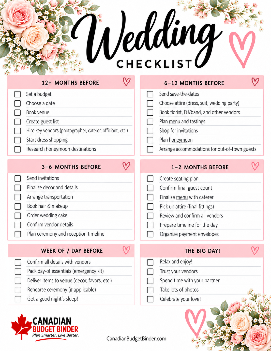 Free printable Wedding Planning Checklist from Canadian Budget Binder with wedding tasks organized from 12 months before through the wedding day.