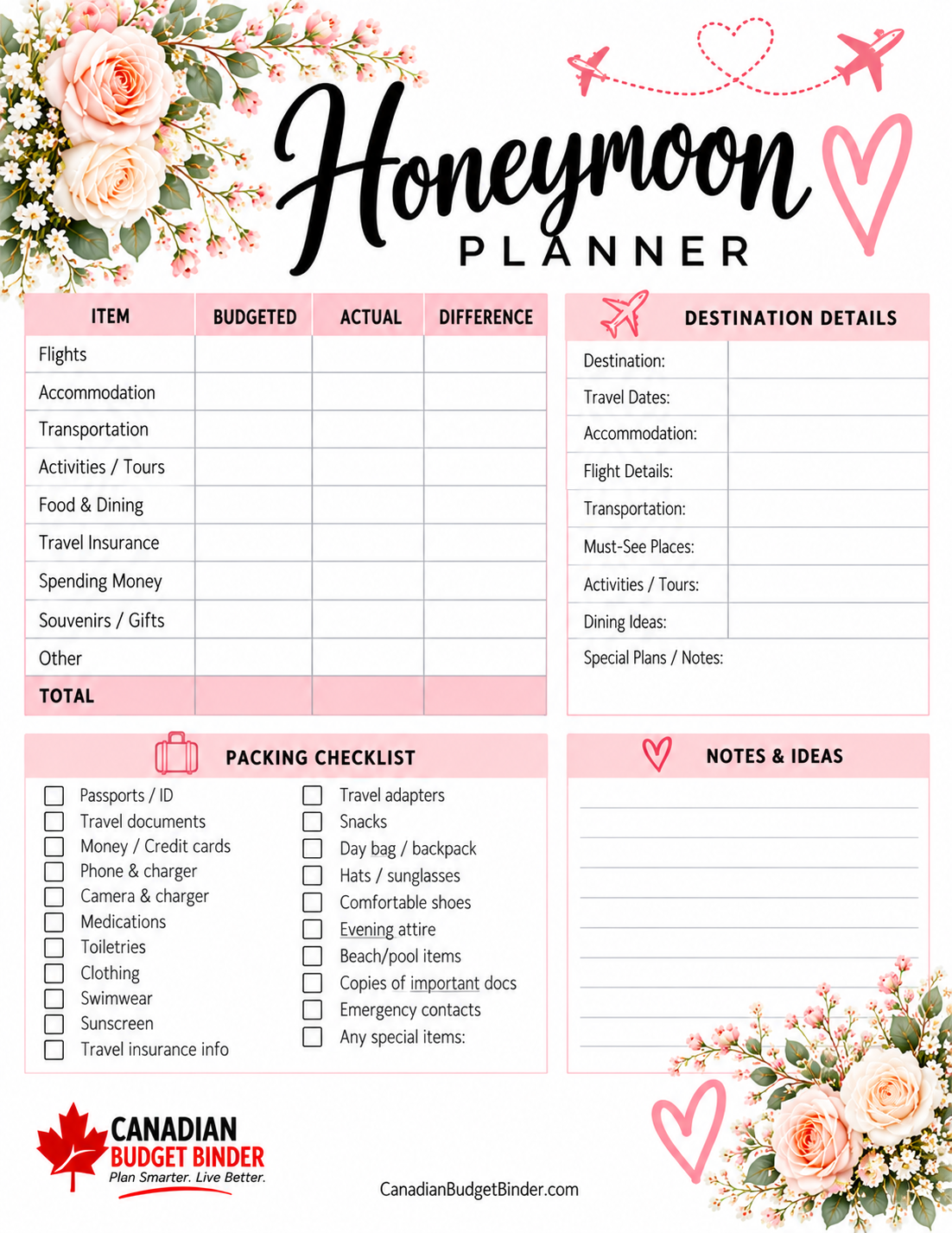 Free printable Honeymoon Planner from Canadian Budget Binder to organize honeymoon costs, travel details, packing and notes.