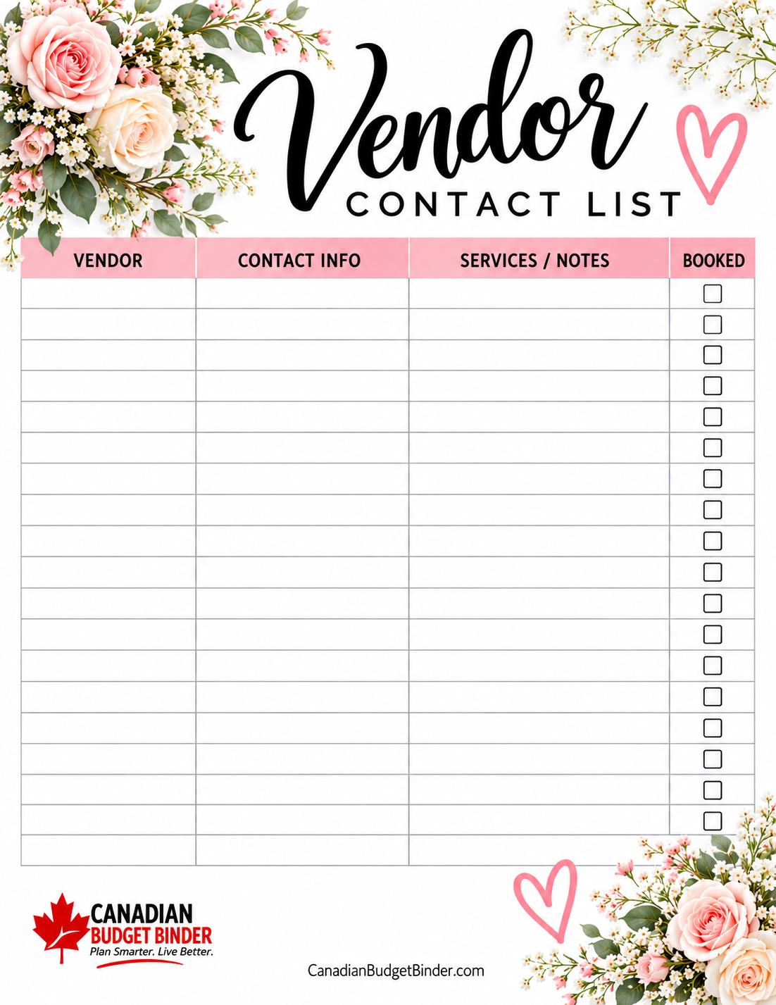 Free printable Wedding Vendor Contact List from Canadian Budget Binder for vendor details, services, notes and booking status.