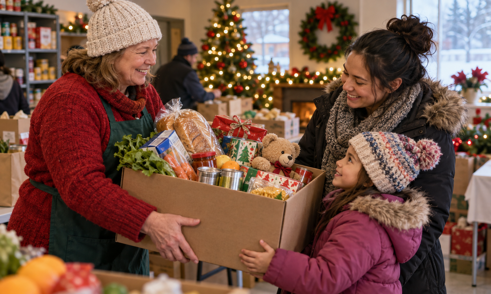 Community volunteer handing a Christmas food hamper with groceries and gifts to a mother and child
