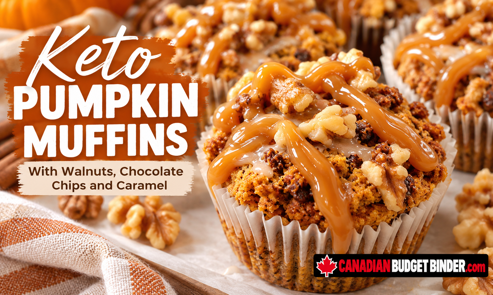 Keto pumpkin muffins with walnuts, chocolate chips and caramel drizzle