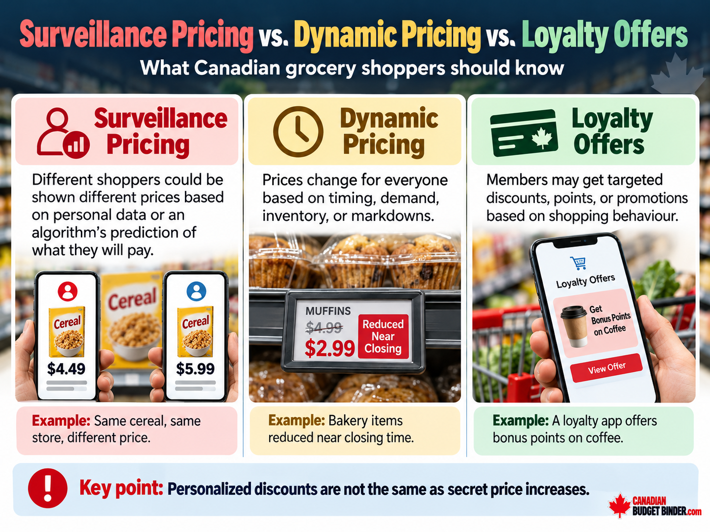 Surveillance pricing versus dynamic pricing versus grocery loyalty offers explained with illustrative Canadian shopping examples