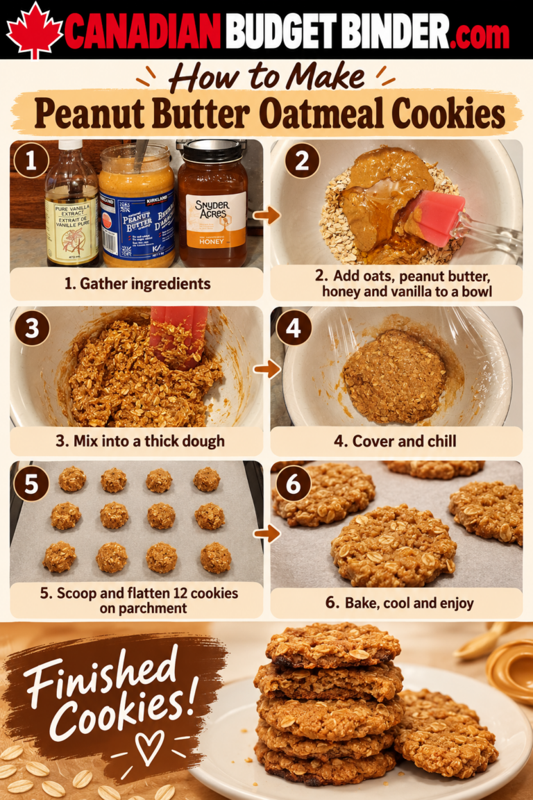 Six-step guide showing how to mix, chill, scoop and bake peanut butter oatmeal cookies