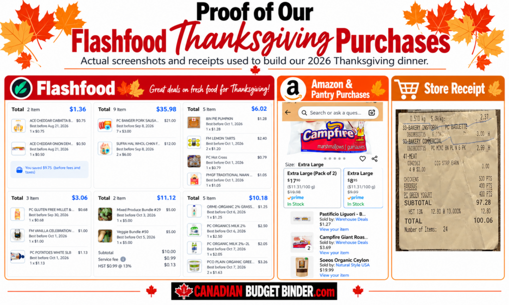 Horizontal collage of our 2026 Thanksgiving grocery shopping screenshots including Flashfood whole chickens, produce bundles, broccoli, and reduced-price groceries